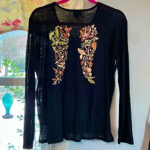 Berenice Boho Black Floral Embroidered Linen Long Sleeve Top Large EUC